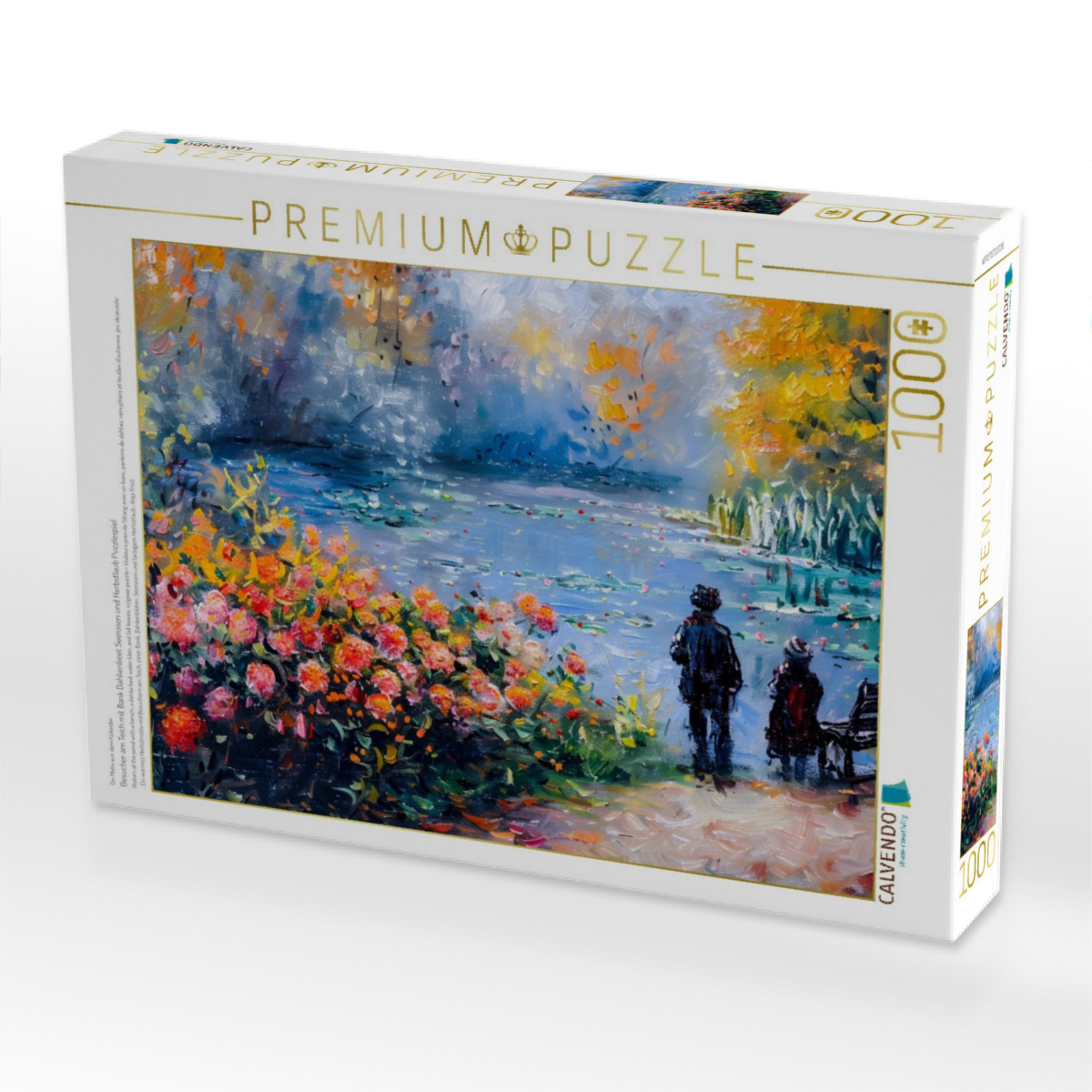 Besucher am Teich mit Bank Dahlienbeet Seerosen und Herbstlaub Puzzlespiel