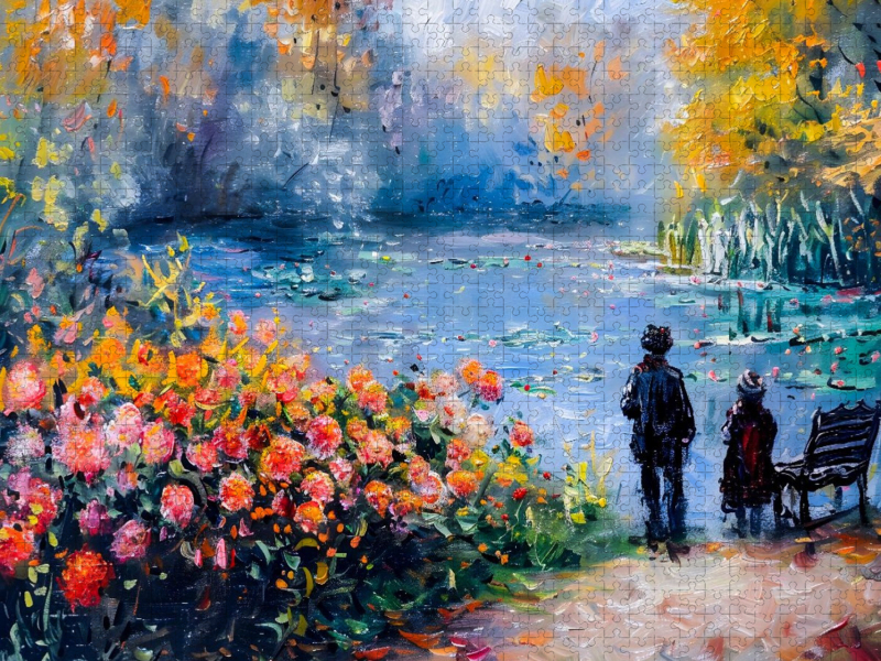 Besucher am Teich mit Bank Dahlienbeet Seerosen und Herbstlaub Puzzlespiel