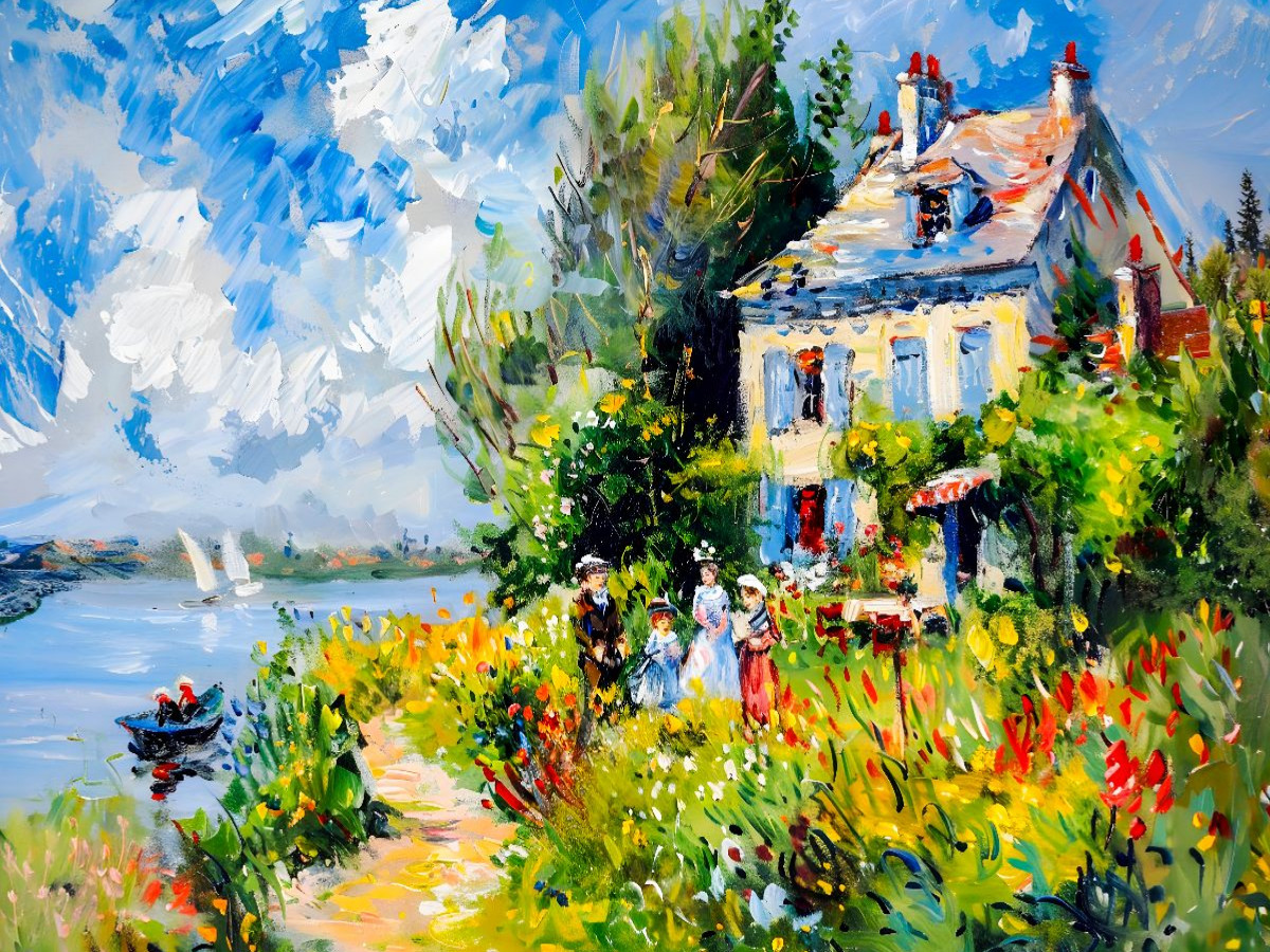 Sommerliches Haus am See mit Blumenbeeten Ruderboot Segelboot und Spaziergängern