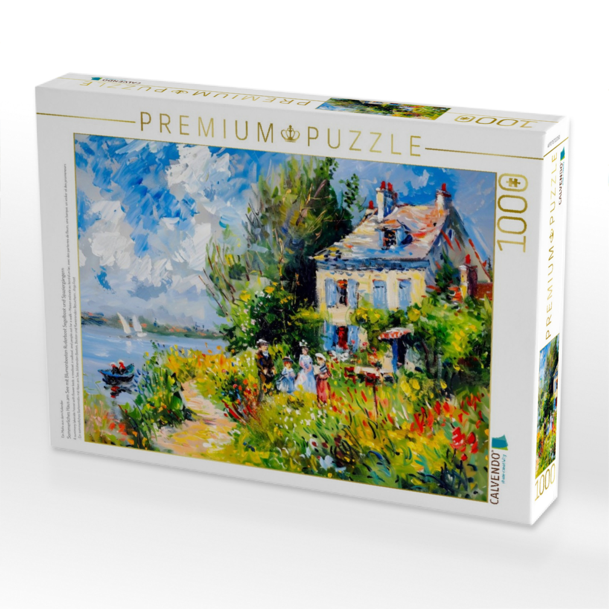 Sommerliches Haus am See mit Blumenbeeten Ruderboot Segelboot und Spaziergängern