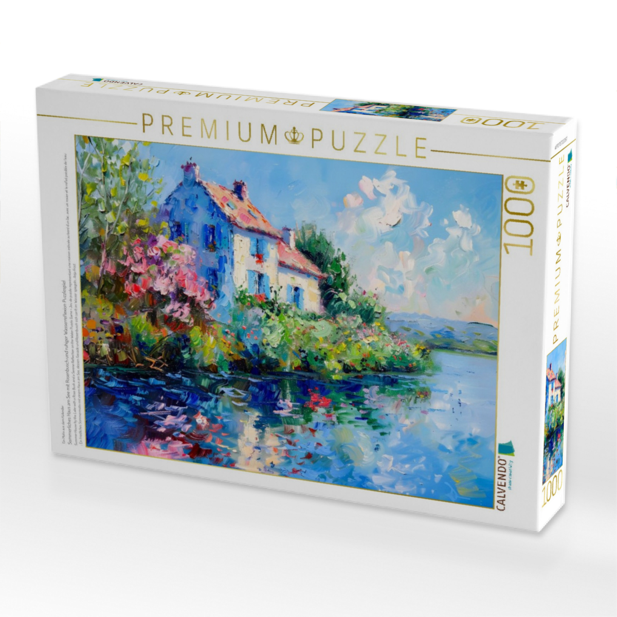 Sommerliches Haus am See mit Rosenbusch und ruhiger Wasserreflexion Puzzlespiel