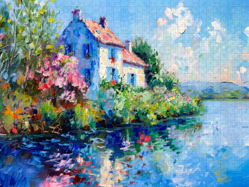 Sommerliches Haus am See mit Rosenbusch und ruhiger Wasserreflexion Puzzlespiel