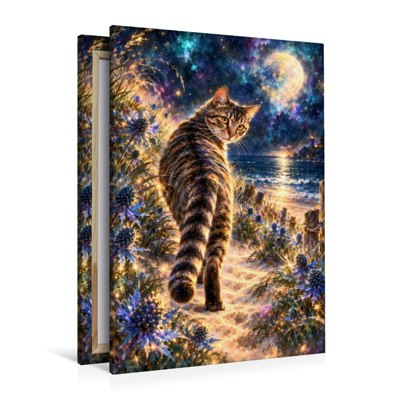 Meereszauber: Getigerte Katze am magischen Galaxie-Strand