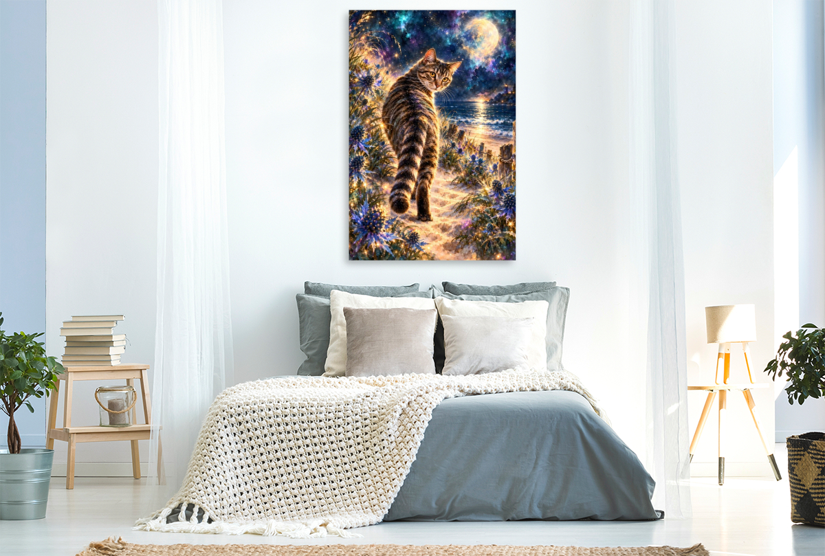 Meereszauber: Getigerte Katze am magischen Galaxie-Strand