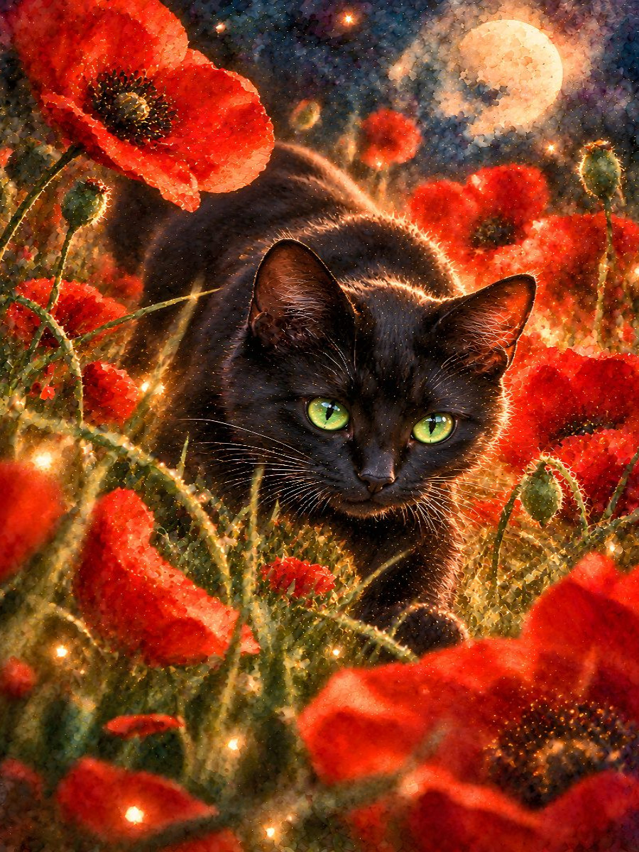Sommerpirsch im Mohnfeld  Athletische schwarze Bombaykatze