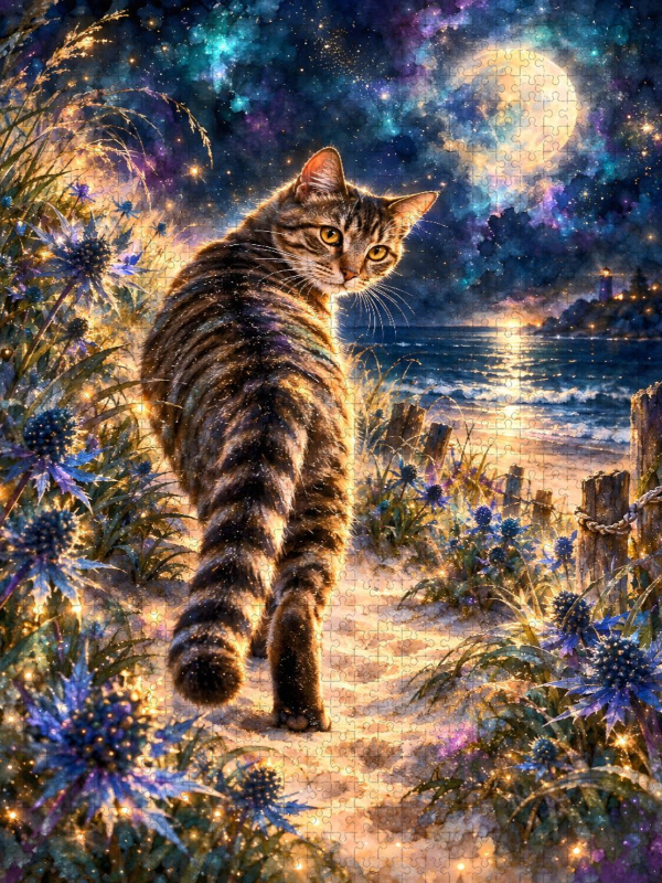 Meereszauber: Getigerte Katze am magischen Galaxie-Strand