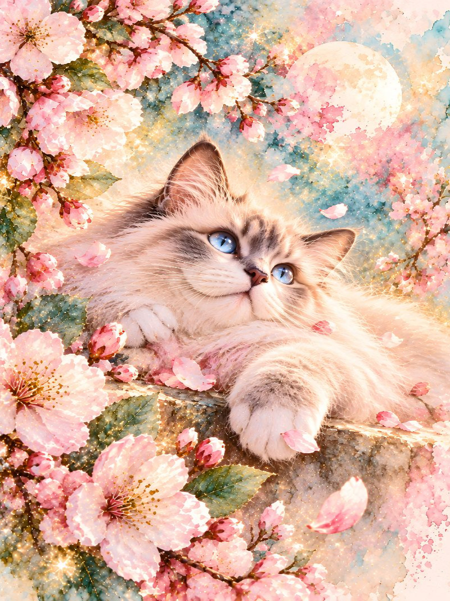 Kirschblütentraum über der Schulter  Elegante Ragdollkatze