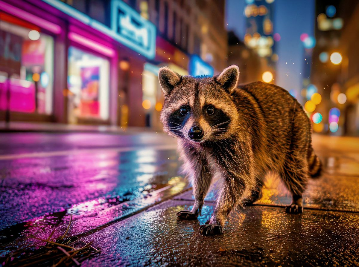 Waschbär im Neonlicht