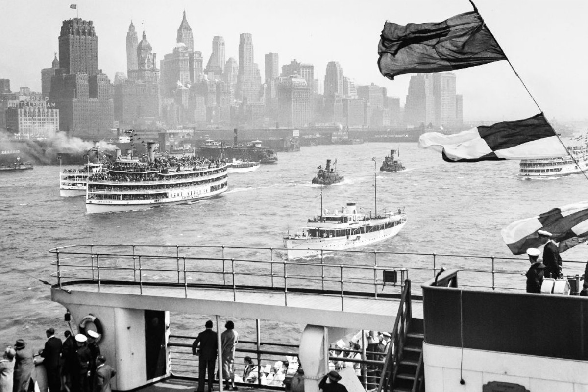 Historic New York: Manhattan skyline from ferry boat, 1936