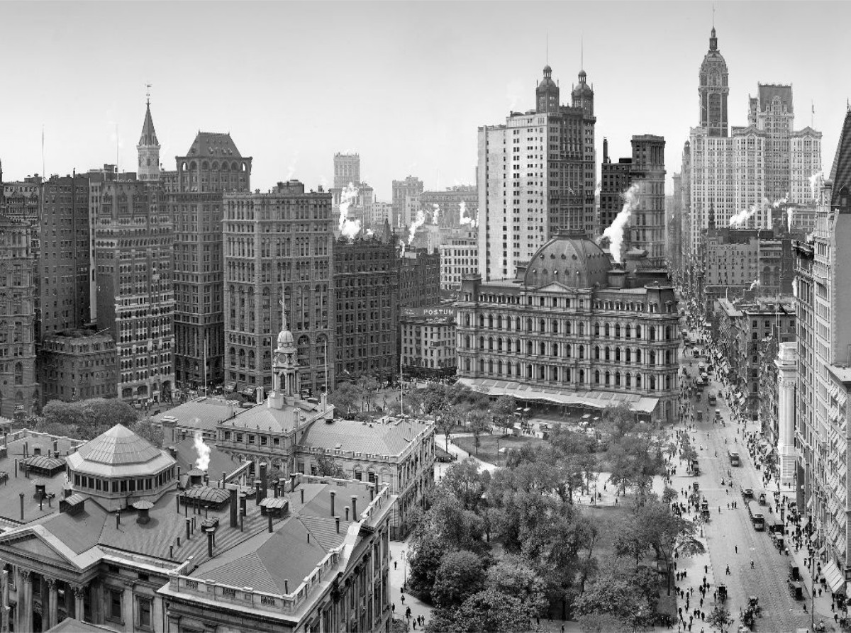 Historic New York: Broadway, City Hall Park, the Singer, Park Row, ca. 1908