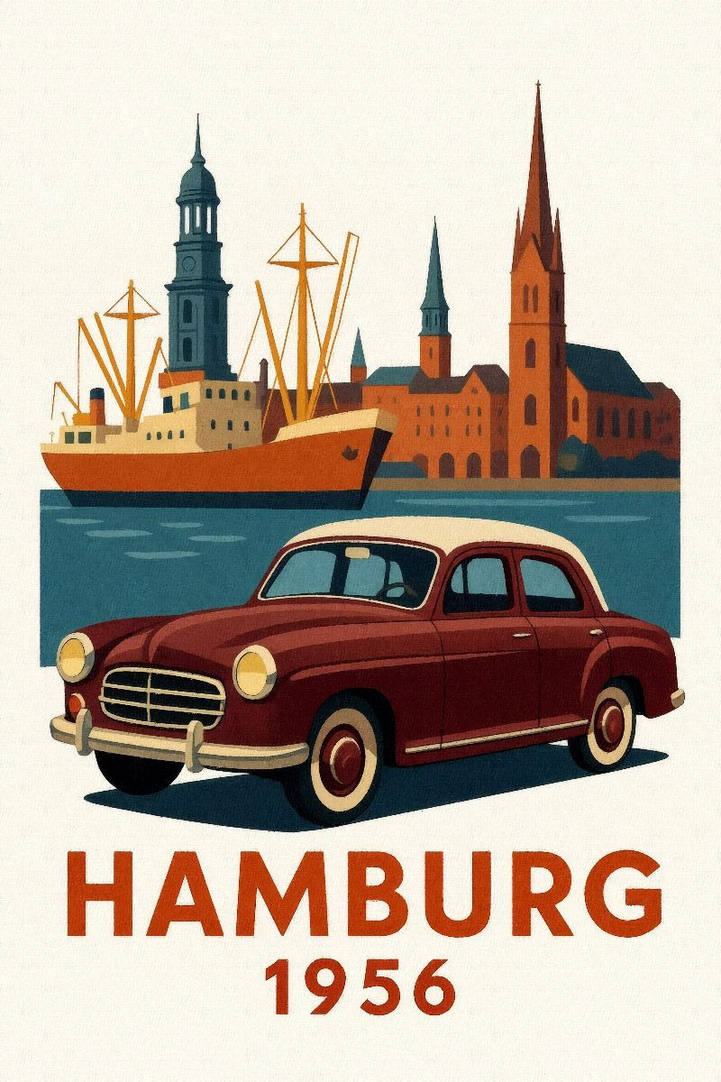 Hamburg 1956 mit Hafen und Michel sowie Mercedes Ponton