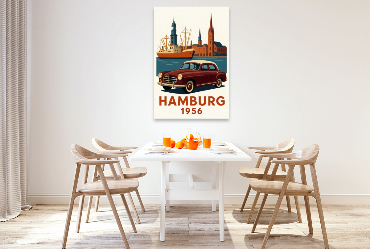 Hamburg 1956 mit Hafen und Michel sowie Mercedes Ponton