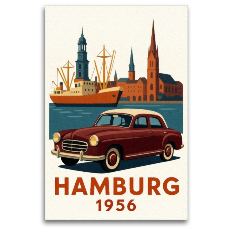 Hamburg 1956 mit Hafen und Michel sowie Mercedes Ponton