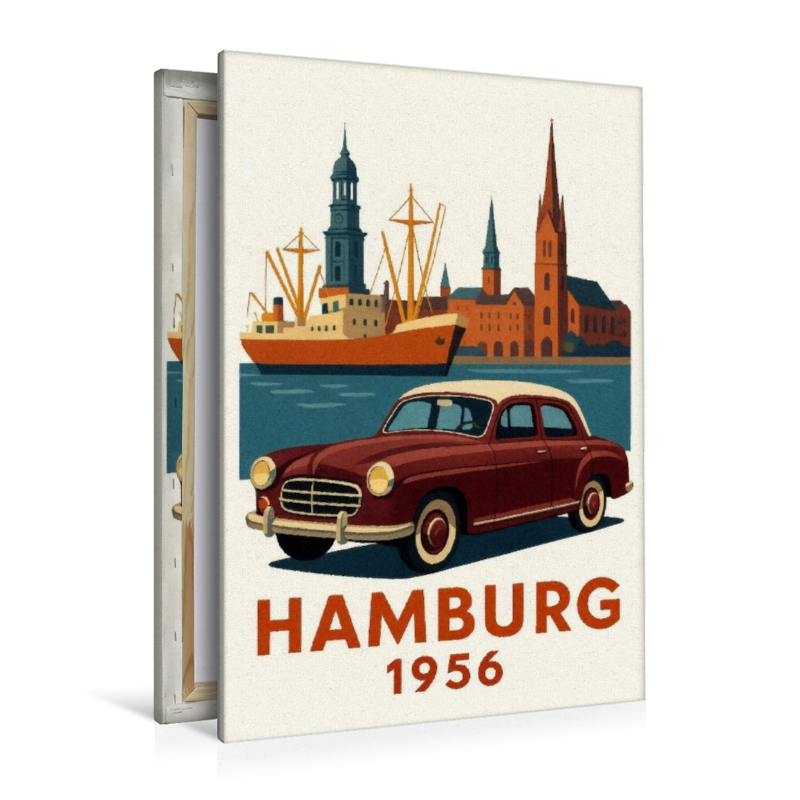 Hamburg 1956 mit Hafen und Michel sowie Mercedes Ponton