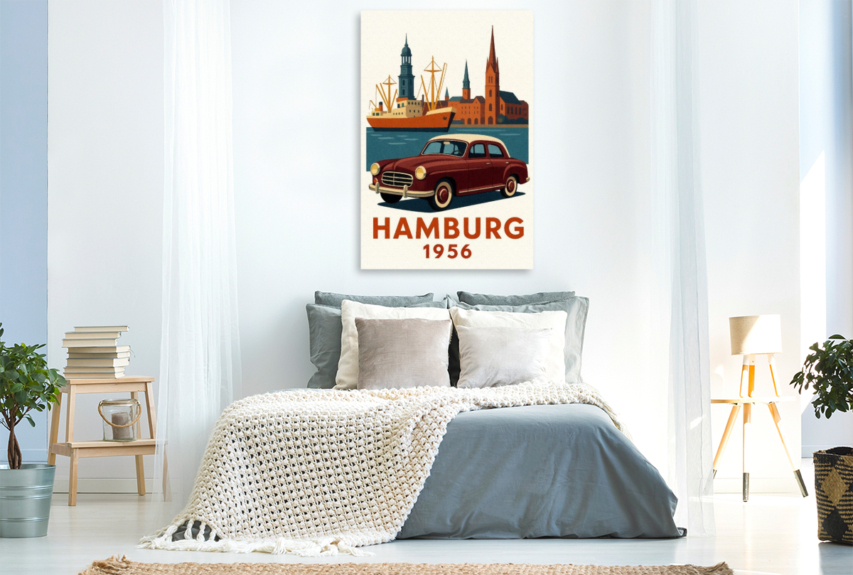 Hamburg 1956 mit Hafen und Michel sowie Mercedes Ponton