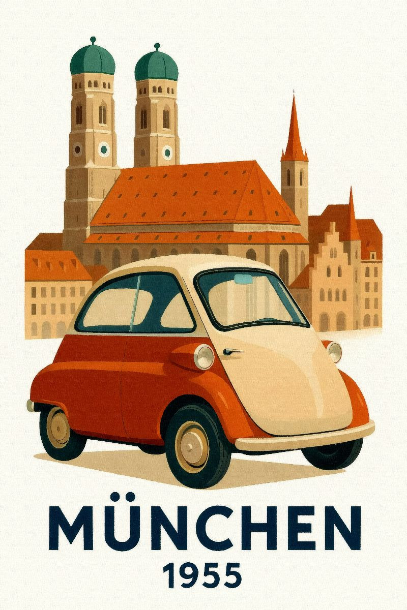 München 1955 Frauenkirche und Altstadt mit BMW Isetta