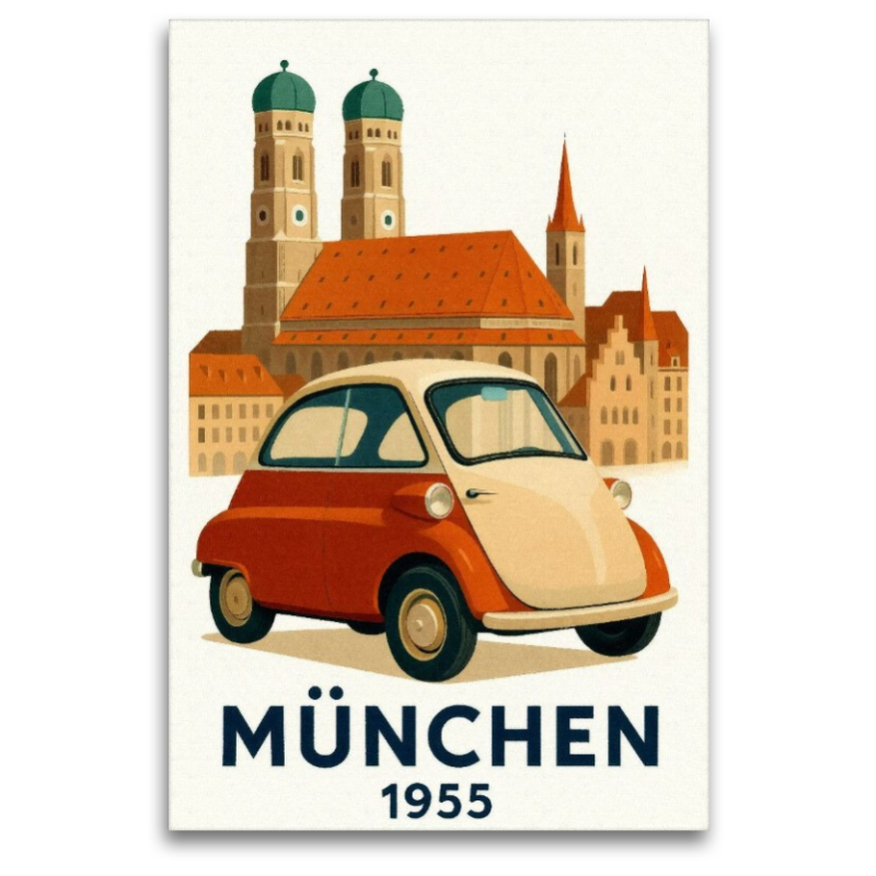 München 1955 Frauenkirche und Altstadt mit BMW Isetta