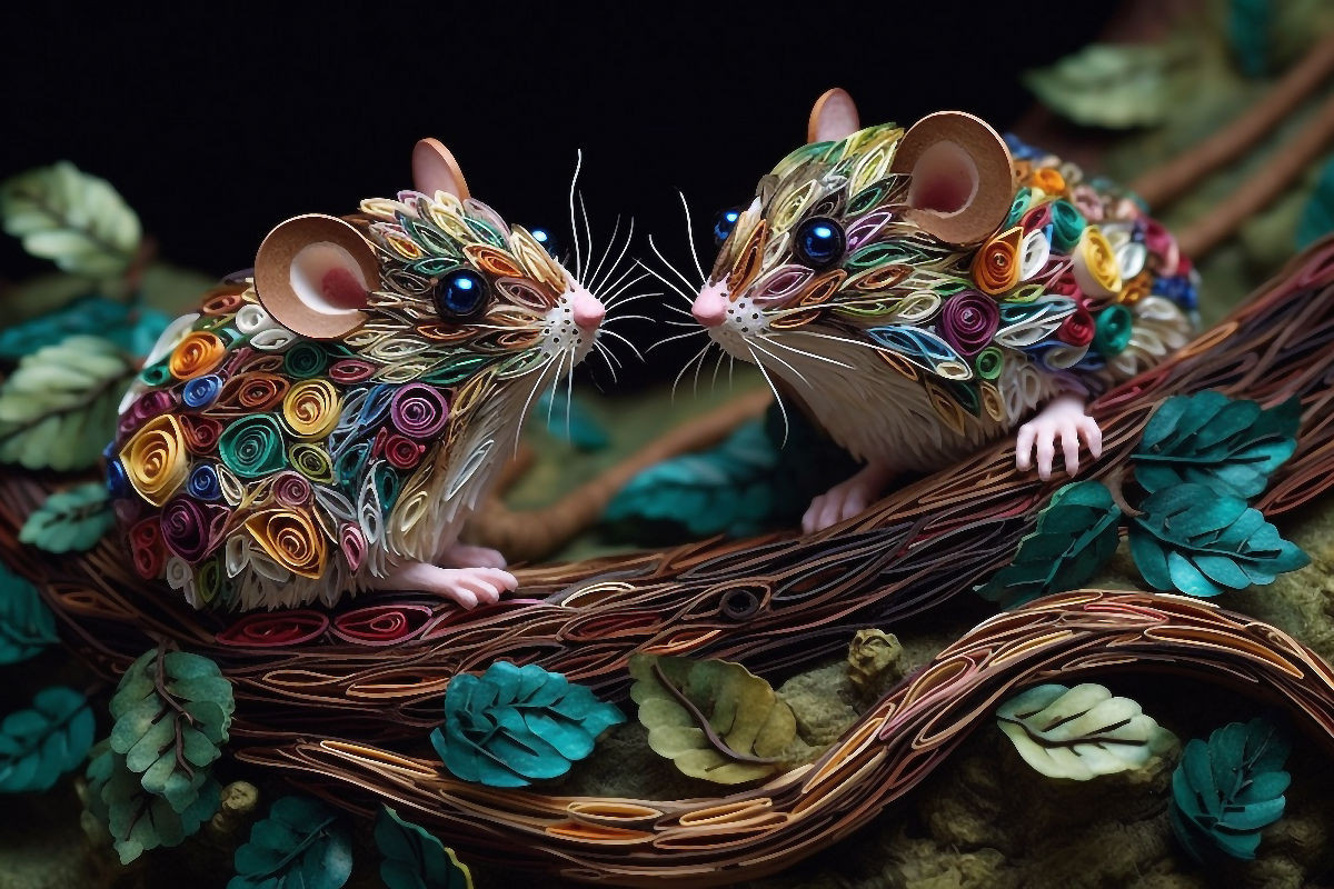 Mäuse in Quilling Technik auf einem Ast