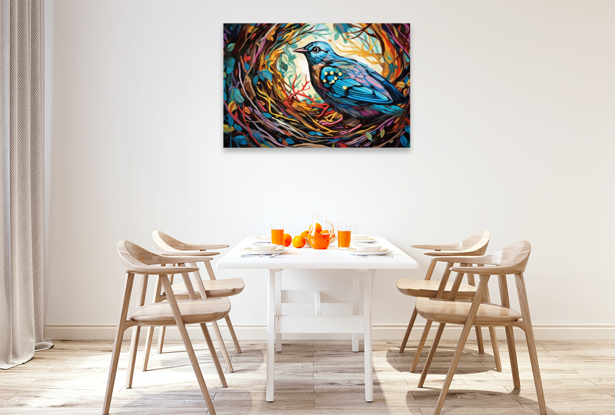 Illustration eines Vogels im farbenfrohen Nest