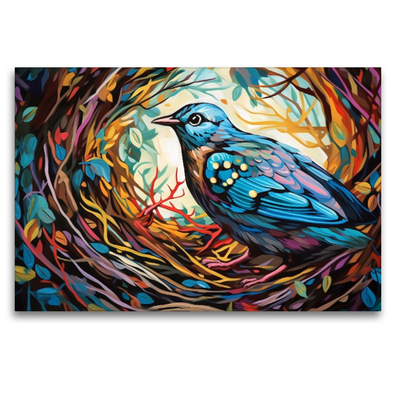 Illustration eines Vogels im farbenfrohen Nest