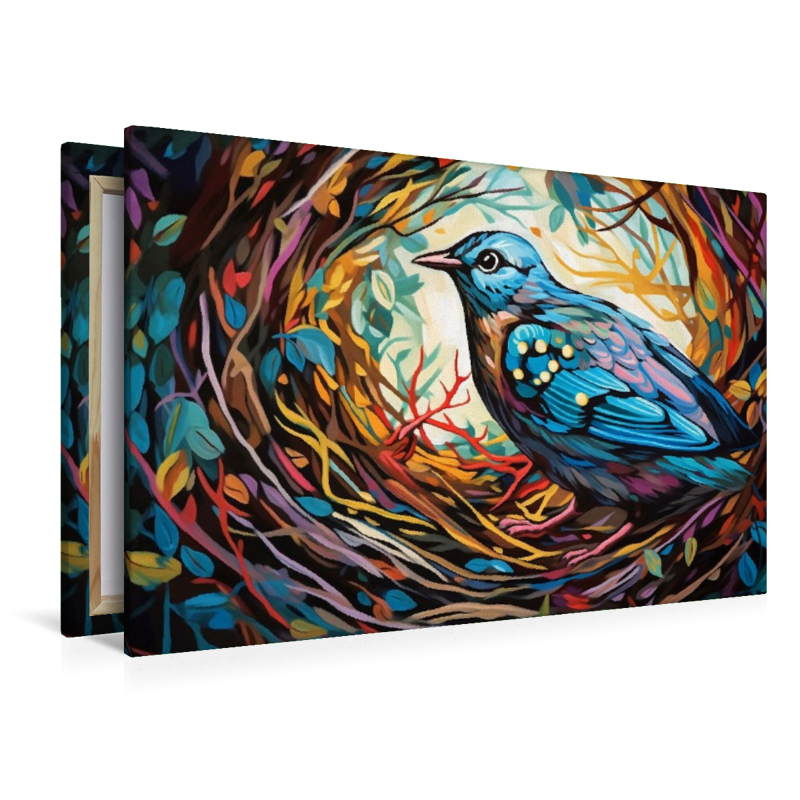 Illustration eines Vogels im farbenfrohen Nest