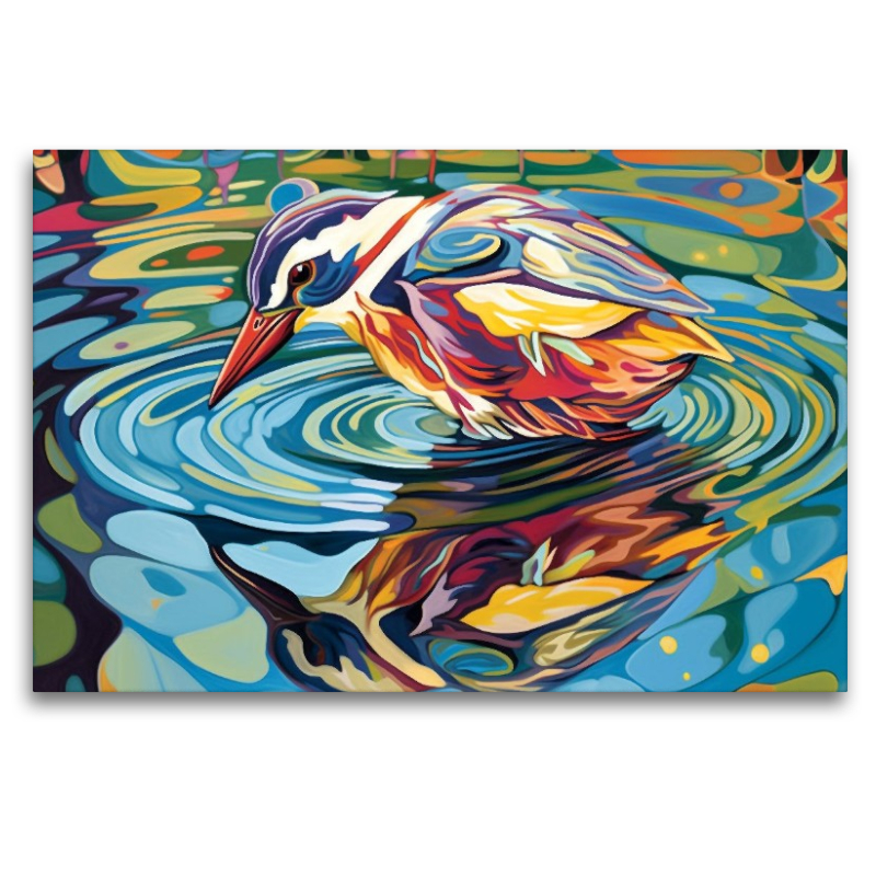 Ein farbenfroher Vogel betrachtet sein Spiegelbild im Wasser