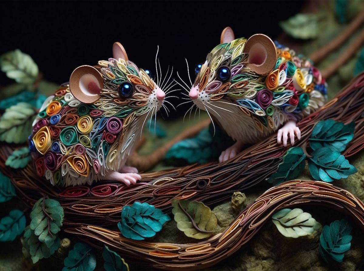 Mäuse in Quilling Technik auf einem Ast