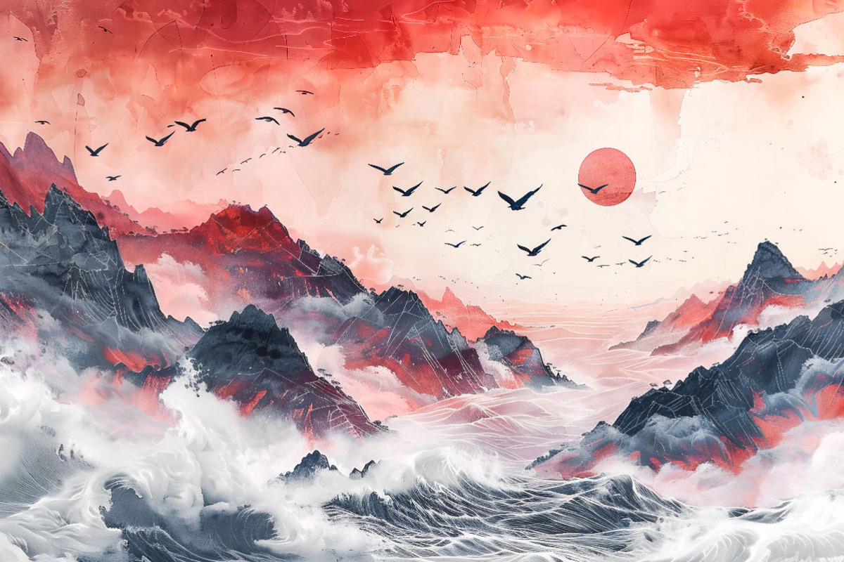 Asiatische Tuschmalerei mit Vogelschwarm roter Sonne Meer und Felsen