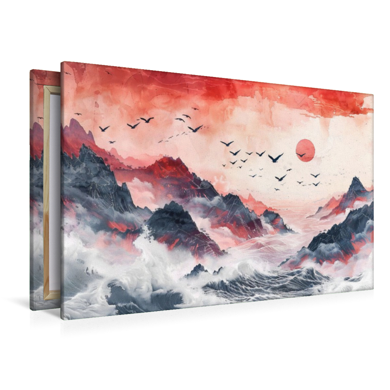 Asiatische Tuschmalerei mit Vogelschwarm roter Sonne Meer und Felsen