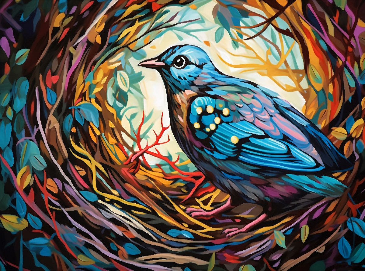 Illustration eines Vogels im farbenfrohen Nest