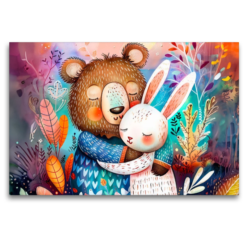 Aquarell Comic Bär und Hase umarmen sich in freundlicher Szene