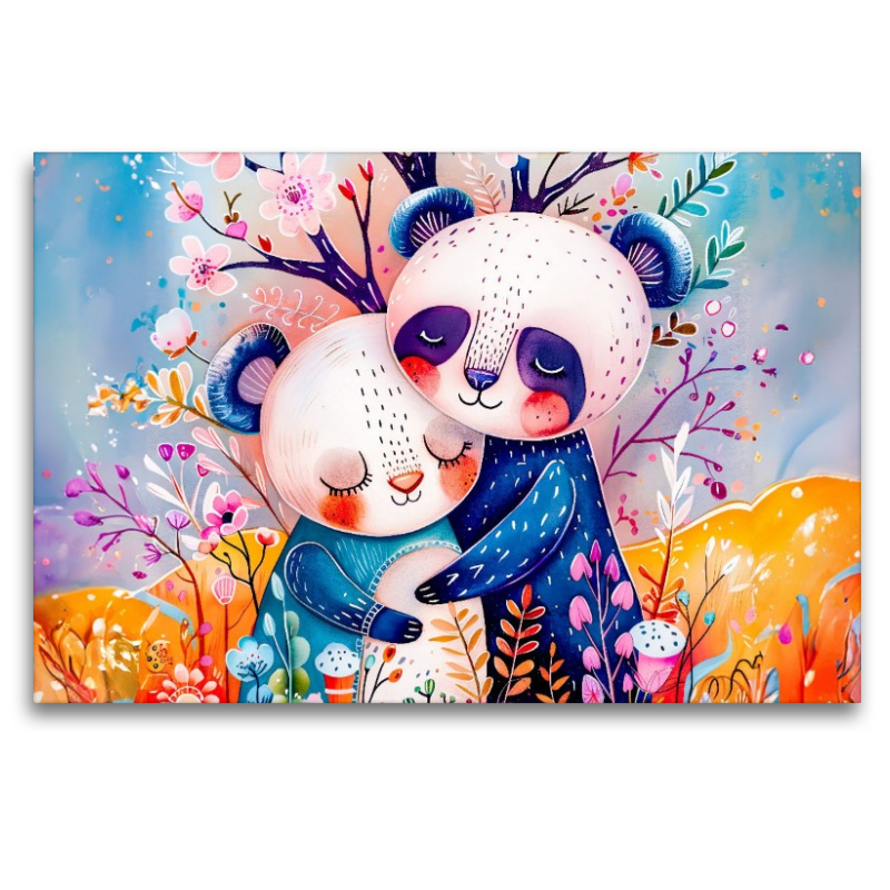 Aquarell Comic Panda Paar umarmt sich liebevoll in moderner Szene