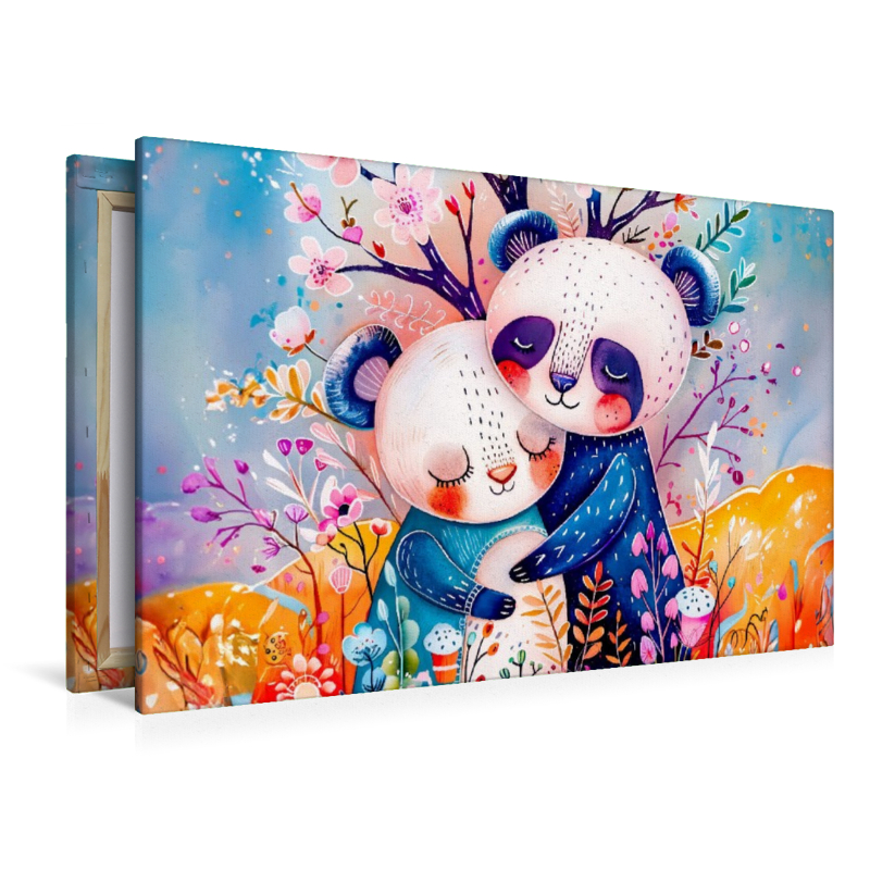 Aquarell Comic Panda Paar umarmt sich liebevoll in moderner Szene