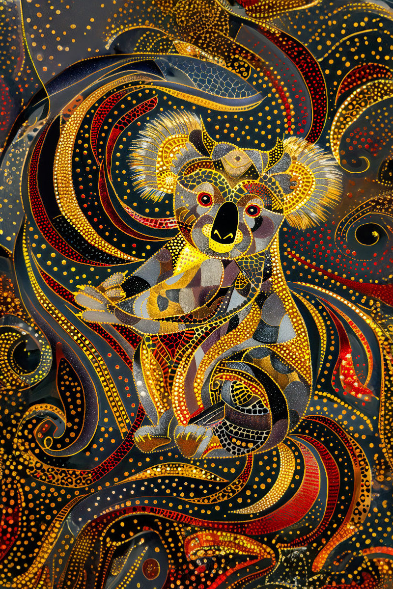 Aboriginal Koala Kunst mit schrillen Farben und geometrischen Mustern