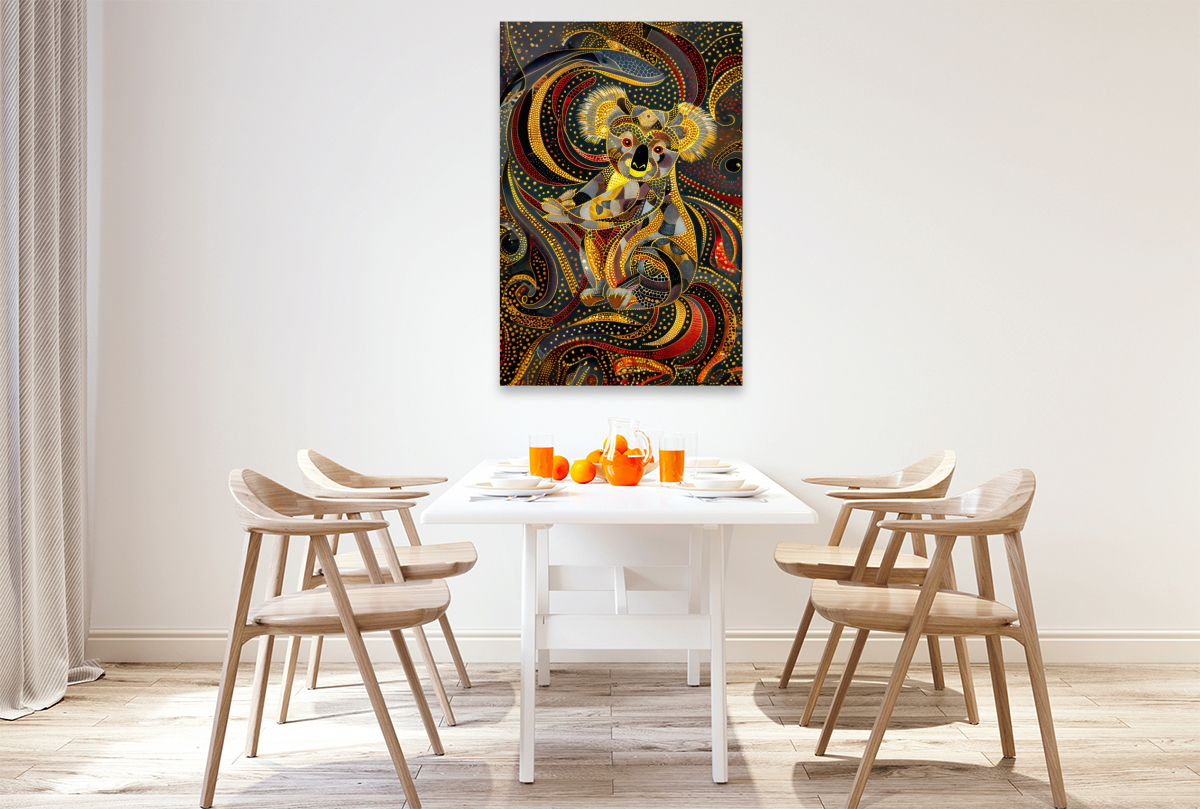 Aboriginal Koala Kunst mit schrillen Farben und geometrischen Mustern
