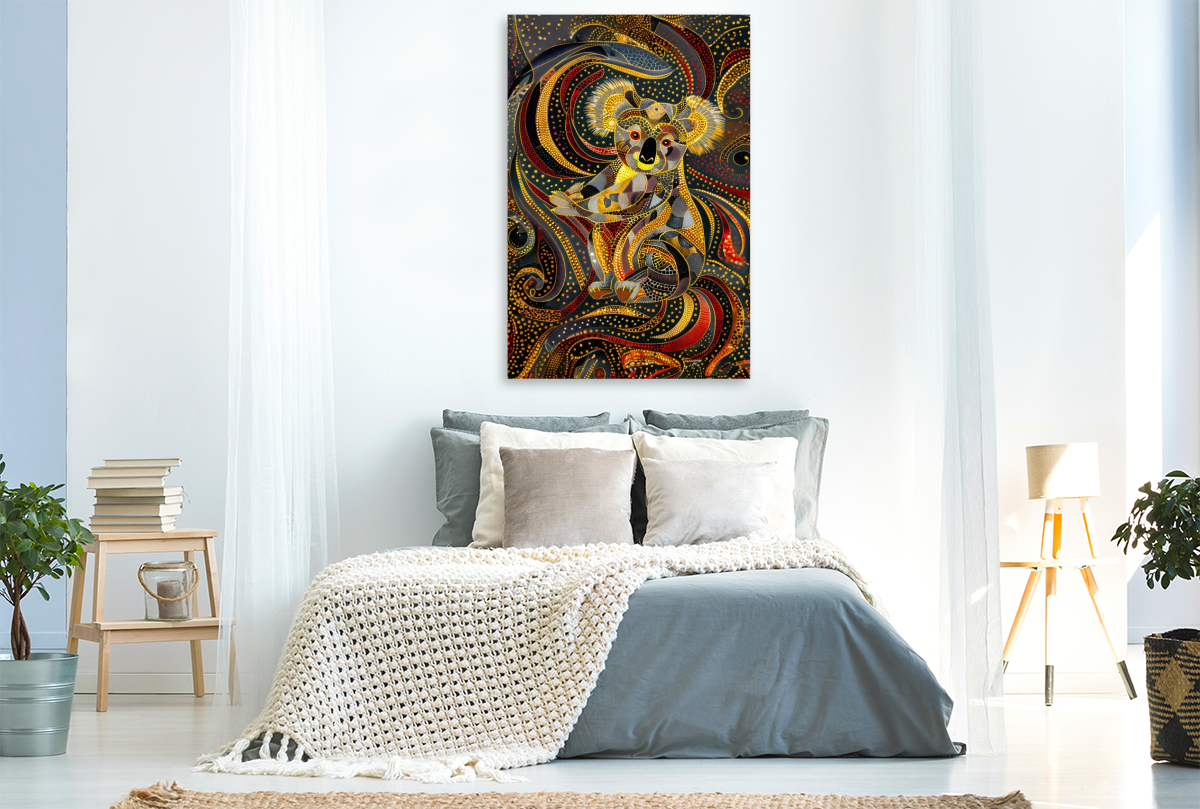 Aboriginal Koala Kunst mit schrillen Farben und geometrischen Mustern
