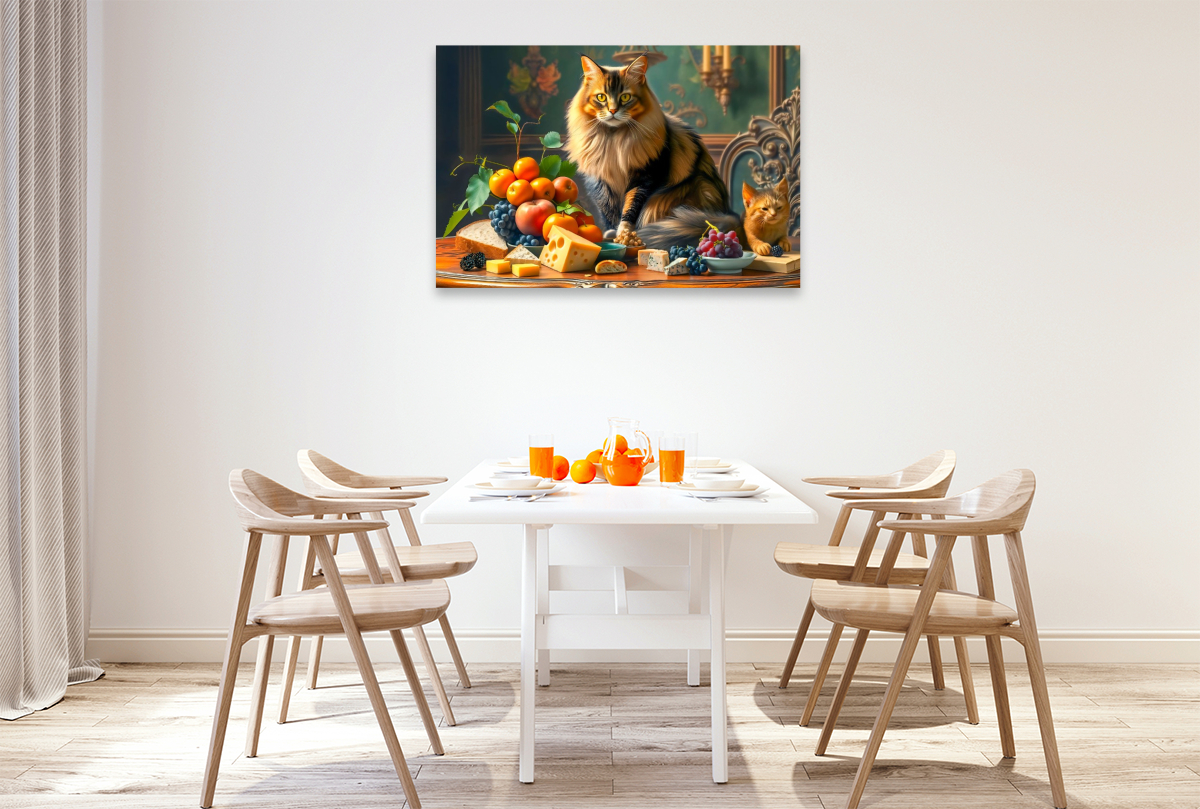 Altmeisterliches Stillleben mit Maine Coon Katze Obst und kleiner Katze
