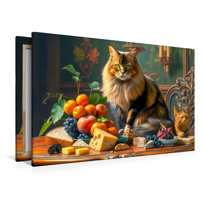 Altmeisterliches Stillleben mit Maine Coon Katze Obst und kleiner Katze