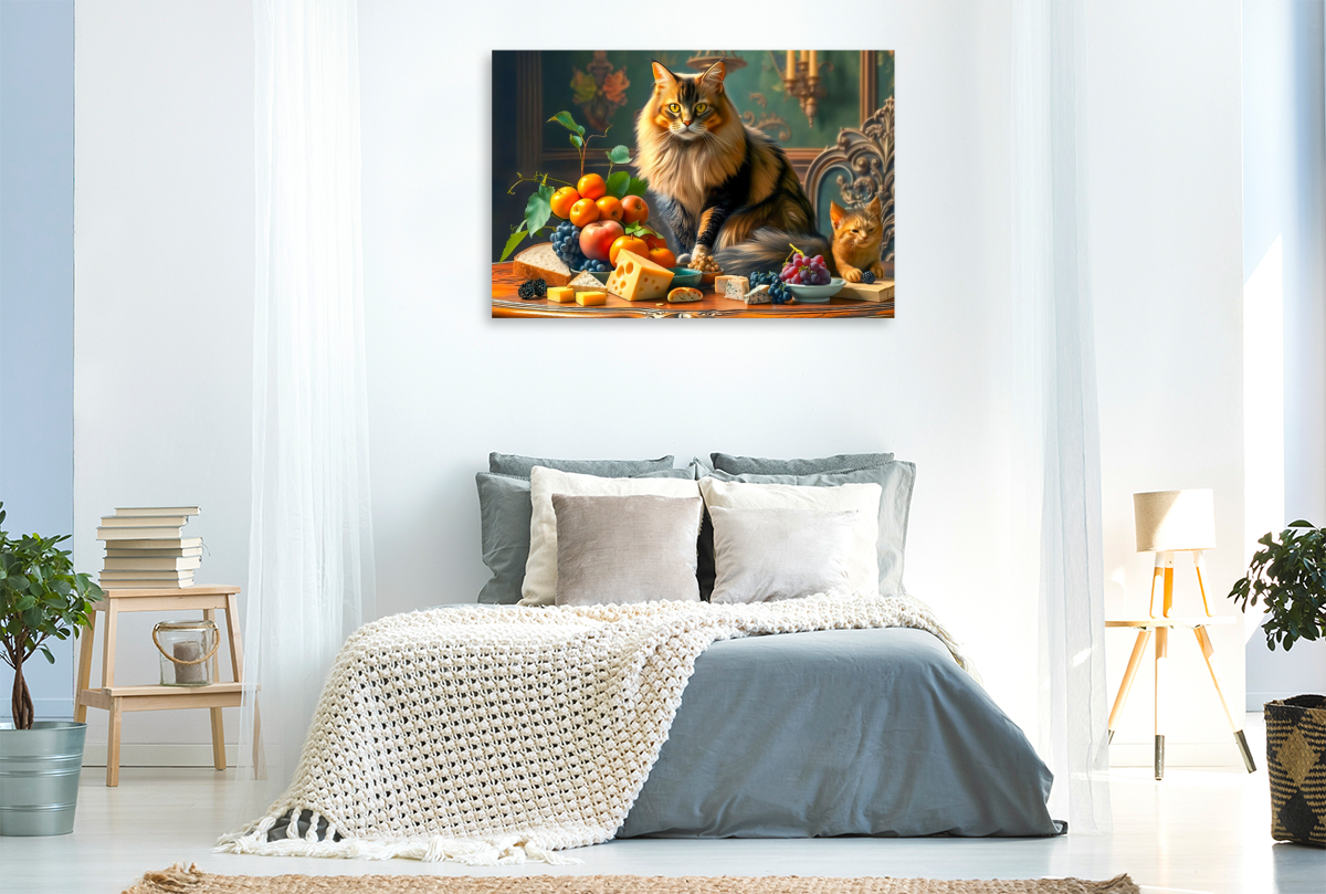 Altmeisterliches Stillleben mit Maine Coon Katze Obst und kleiner Katze