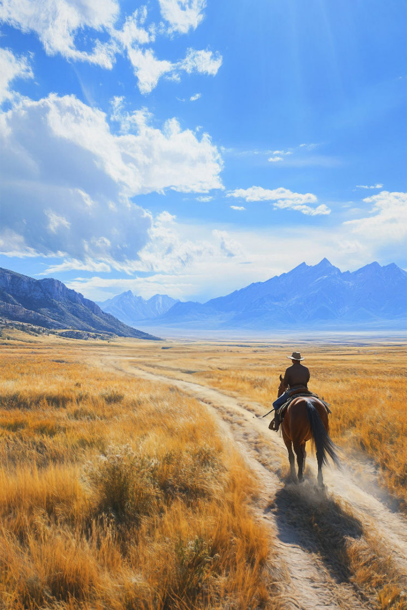 Einsamer Reiter auf dem Pferd in der Weite der Landschaft