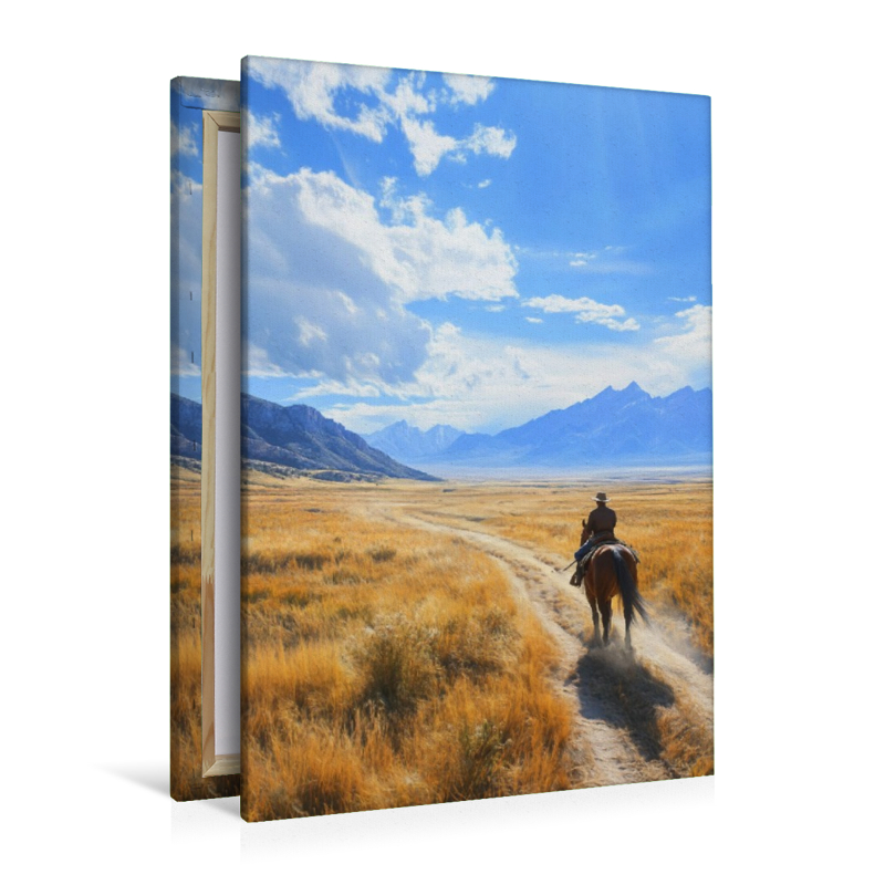 Einsamer Reiter auf dem Pferd in der Weite der Landschaft