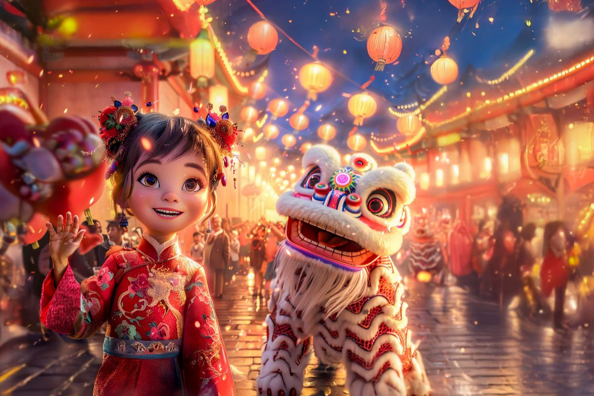 Chinesisches Neujahr mit Drachen Laternen und 3D Mädchen Szene
