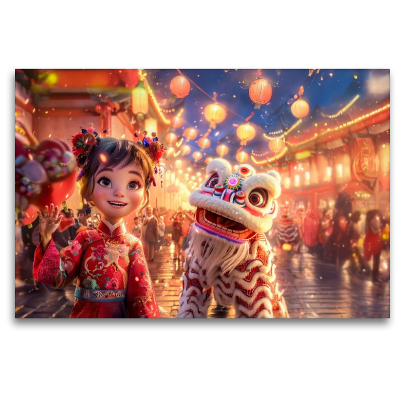 Chinesisches Neujahr mit Drachen Laternen und 3D Mädchen Szene