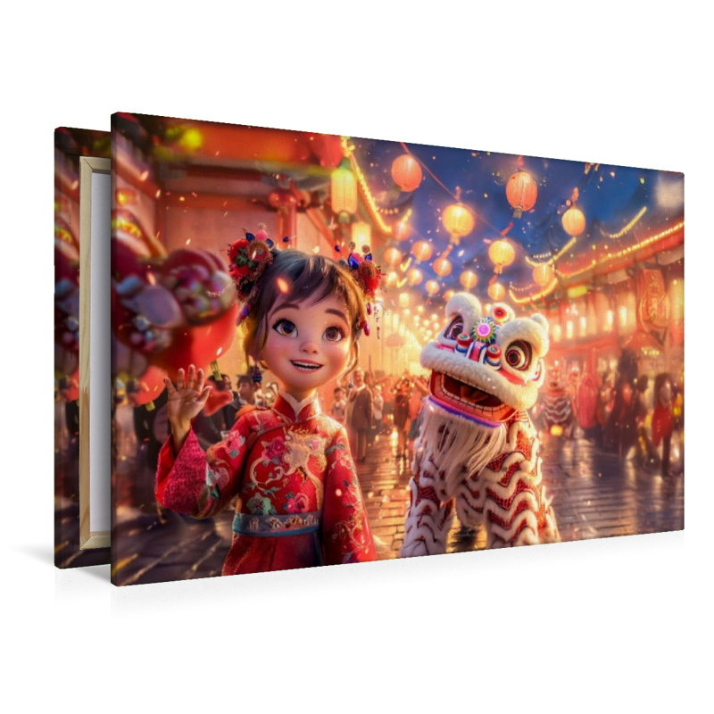 Chinesisches Neujahr mit Drachen Laternen und 3D Mädchen Szene