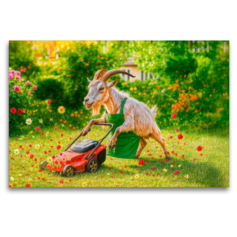 Ziegenbock als Gärtner mäht Rasen und alle Blumen ab