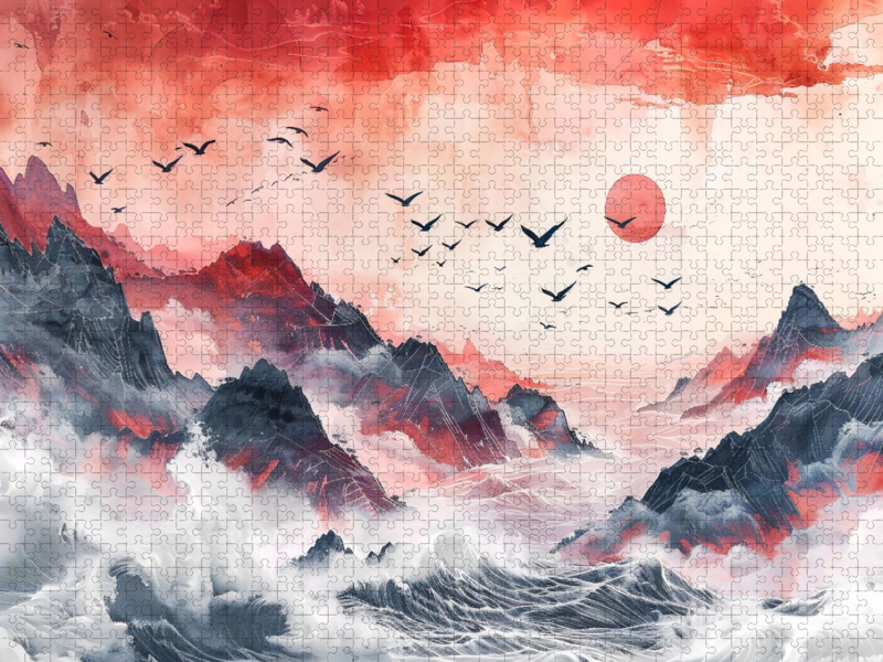 Asiatische Tuschmalerei mit Vogelschwarm roter Sonne Meer und Felsen