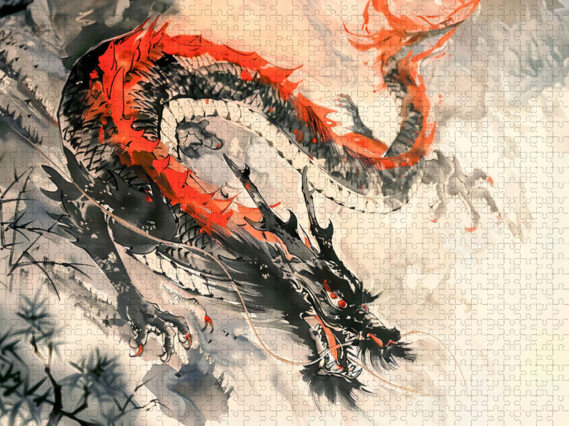 Chinesischer Drache in schwarz rot im traditionellen China Ink Stil