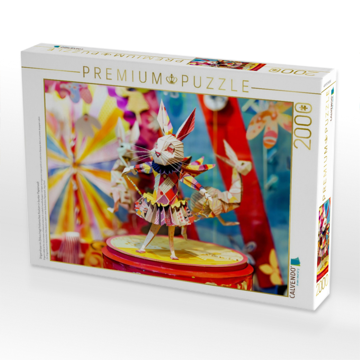 Origamihase im Zirkus trägt historisches Kostüm in bunter Papierwelt