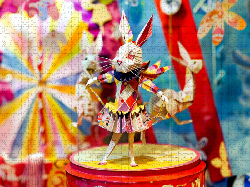 Origamihase im Zirkus trägt historisches Kostüm in bunter Papierwelt