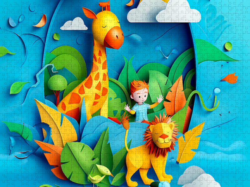 Kleiner Junge träumt vom Umweltforscher im Dschungel mit Giraffe Löwe
